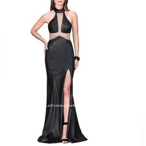 LA FEMME Black Vegan Leather Metal Chain Dress